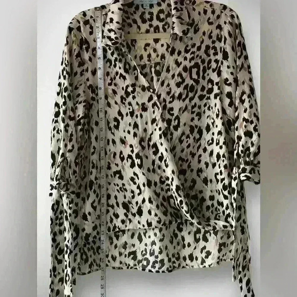 LEOPARD Print WRAP Front BLOUSE With Tie Sleeves High Low Black White Small - Picture 5 of 8